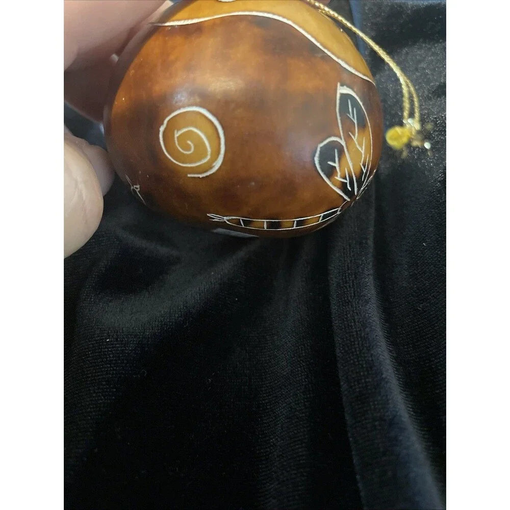 Hand Carved Gorde Peruvian Lucuma  Swirls & Dragonflies Christmas Ornament